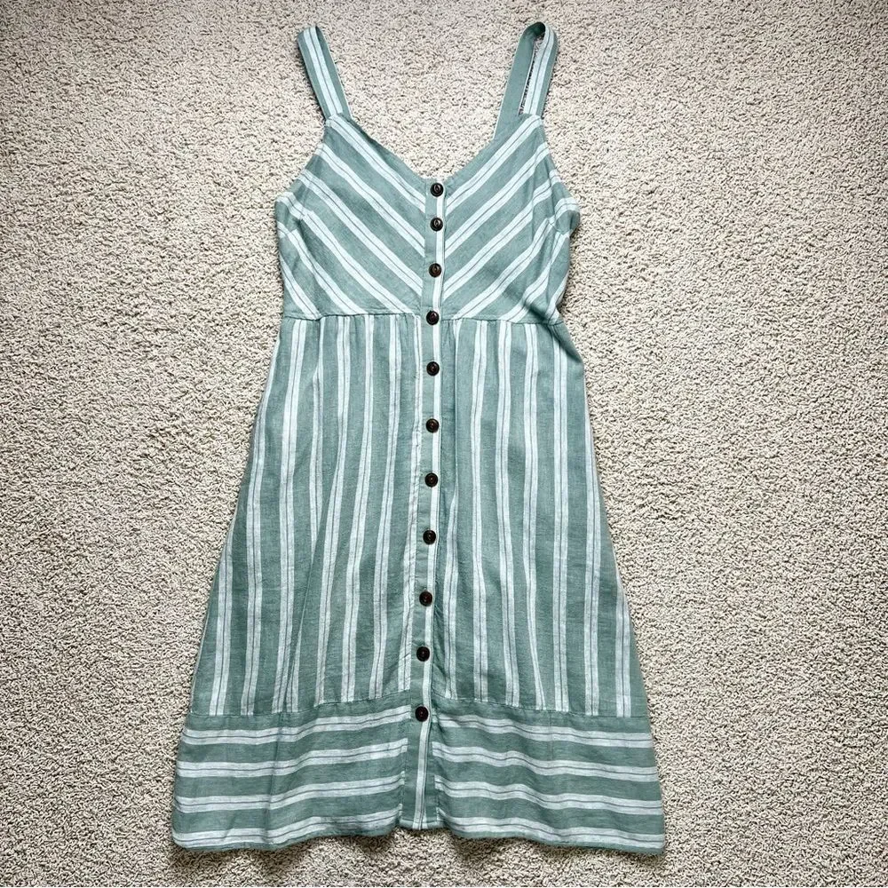 UNIVERSAL THREAD Linen Blend Midi Dress Lined Buttons Pockets Green Shite Medium - Picture 2 of 12